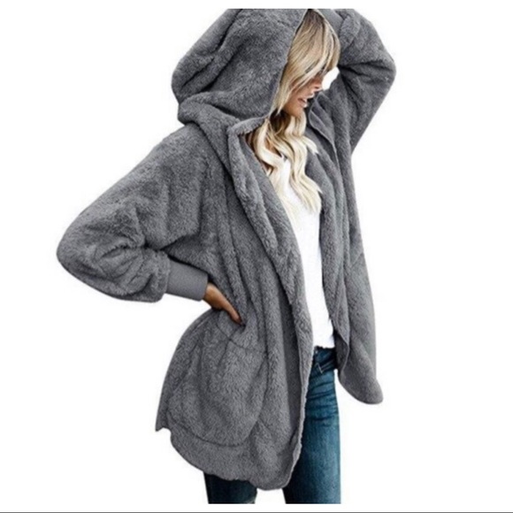 ✨LAST ONE ✨Charcoal grey soft Sherpa hooded jacket - Picture 2 of 5